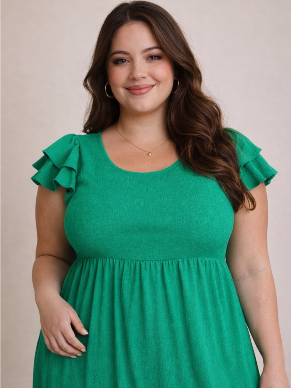Gilli Emerald Green NWT Size 1X Flutter Sleeve Empire Boho Midi Dress - Picture 3 of 4